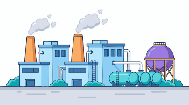 Industrial factory complex with smokestacks, pipes, and storage tanks