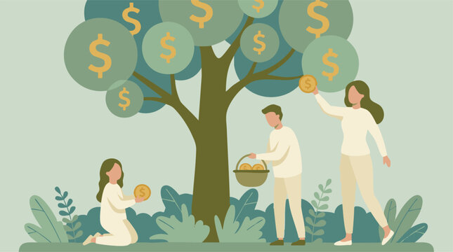 Family harvesting money from a tree, symbolizing financial growth and investment
