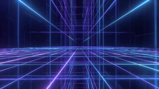 Neon grid tunnel shown in futuristic style on dark background, concept of digital technology and virtual space