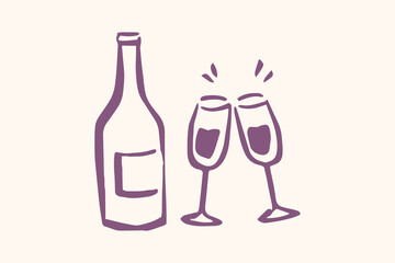 Obraz na płótnie Canvas Wine bottle and glasses hand drawn logo vector illustration