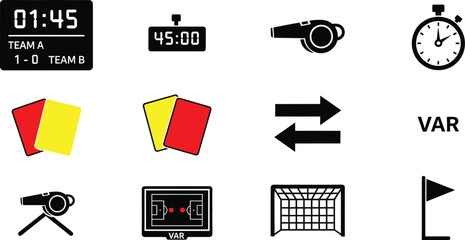 Soccer Referee Icon Set with VAR Scoreboard Whistle Stopwatch and Goal © Abdul