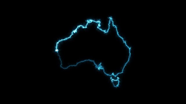 australia neon glowing continent map outline animation blue border light effect on black background modern