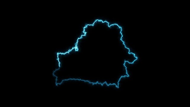 neon glowing belarus country map outline animation futuristic blue border on dark background visual effect