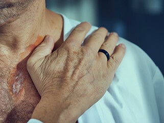 Naklejka premium Mans hand gripping white garment with skin irritation, clinical background, for healthcare editorial and medical awareness campaign