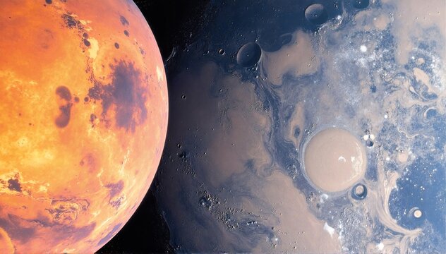 the planet Mars and its small moon Phobos, floating in dark space with faint distant stars visible