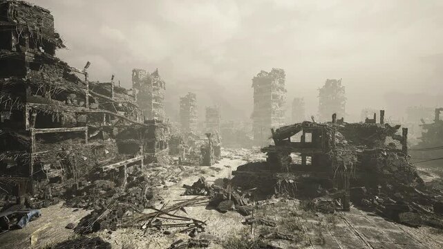 Vegetation reclaiming crumbling urban ruins, vines and moss creeping over broken concrete and rusted steel quiet green canopy softening jagged architecture,