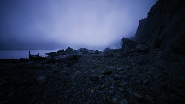 gloomy coastal horizon under heavy mist, survey footprint and rocky foreland, muted palette for environmental, climate and editorial storytelling