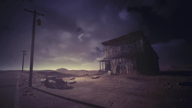 Lonely desert shack under looming storm clouds, broken telephone pole and scattered wreckage on windblown sand, moody twilight light casting long shadows, scene