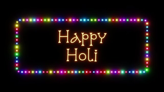 Glowing happy holi sign in flashing frame, 3D render. Happy holi background, dotted neon frame. Indian Festival of Colors, a colorful event where people paint their faces with colorful paint