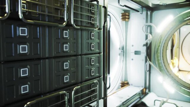 Cargo bay space station module bathed in warm glow, stacked storage lockers and reinforced panels line walls, access hatch framed by circular window, grated