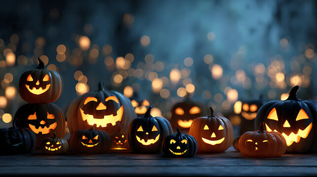 Glowing jack-o'-lanterns arranged in a festive autumn display with candles inside