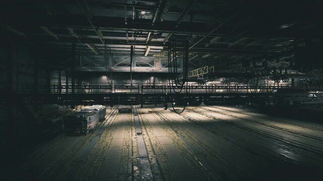 Empty abandoned arena floor scattered debris and peeling paint, dim industrial lighting casting long shadows across cracked concrete, suspended rafters and rows