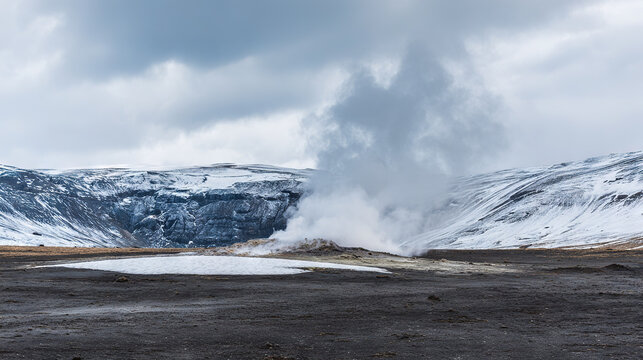 Snow-Covered Volcanic Crater with Steam Venting