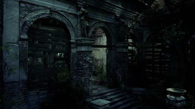Dark gothic courtyard moss covered arches and stairs, crumbling stone columns and shadowed archways, creeping vines and wet texture, cold bluish light creating
