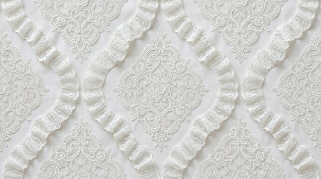 A close-up view of a white textured fabric with intricate floral patterns and ruffled details