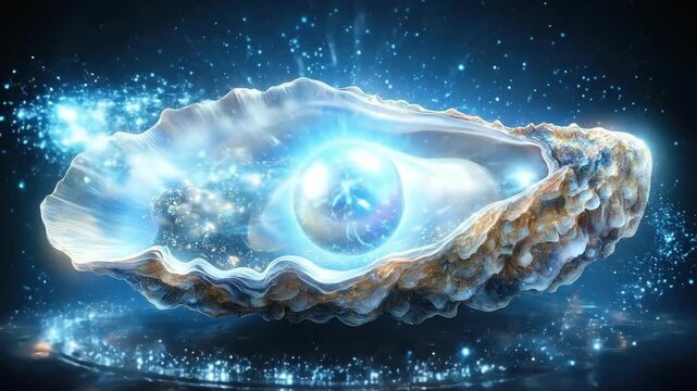 Glowing pearl inside mystic ocean shell surrounded by sparkling blue light