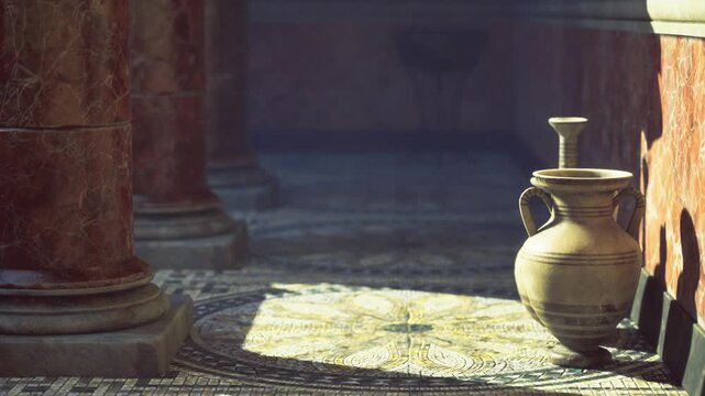 Sunlit marble floor with amphora, warm golden light, textured mosaic tiles, weathered pottery beside aged column, soft shadow patterns, quiet archaeological