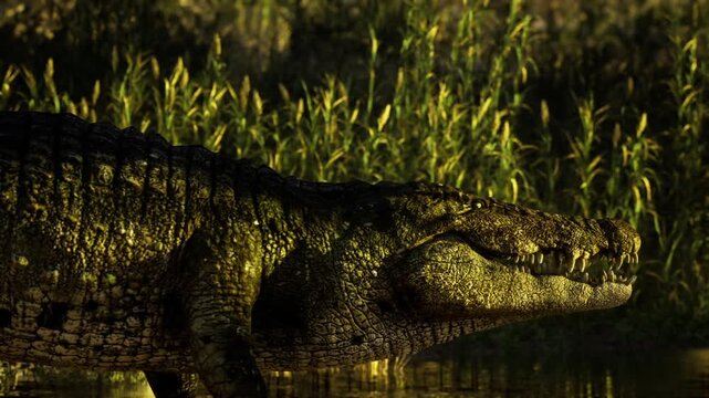 Detailed reptile visage. Upclose shot revealing intricate crocodile face details. Supple magnified image capturing detailed features of crocodile face