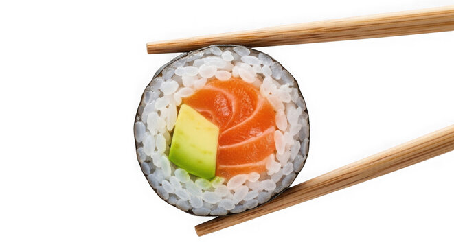 Sushi maki roll with salmon and avocado held by chopsticks isolated on transparent background