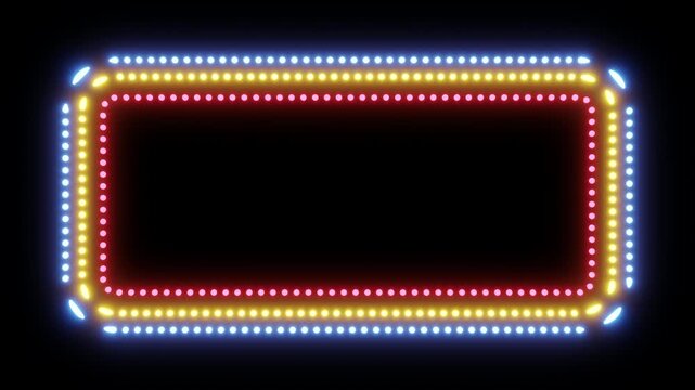 Triple multicolored frame 3d render. Dotted frames with looping neon glow on black background. Design element for presentations, infographics, video overlays, tech intros, modern UI designs, casino
