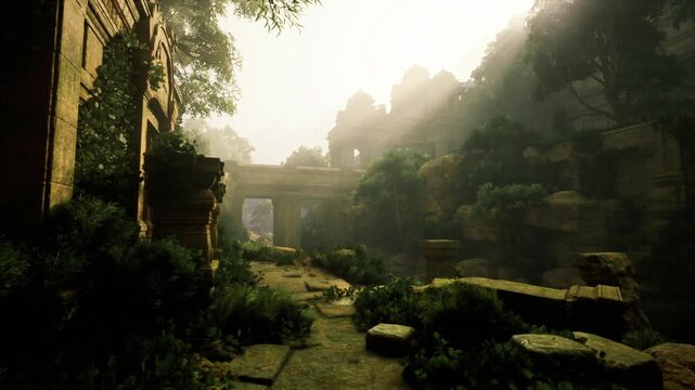 Mossy bridge across temple ravine with dense vegetation, soft backlight highlighting ruins and distant gate, mood of cautious crossing and outdoor adventure