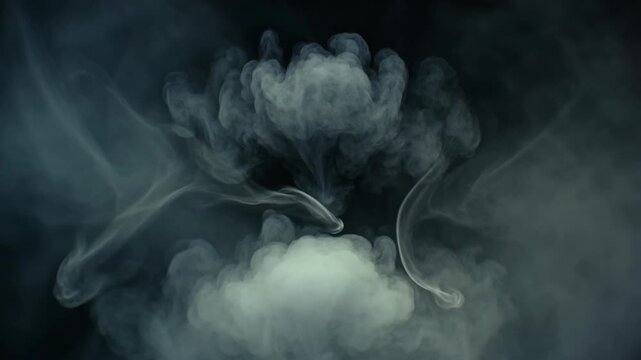 White swirling smoke clouds in atmospheric style on dark background, symbolizing mystery and ethereal concepts
