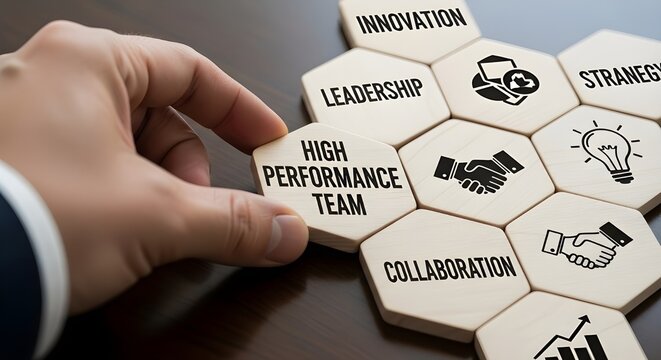 Hand placing 'high performance team' tile to build an effective business strategy focused on leadership, innovation, and collaboration.