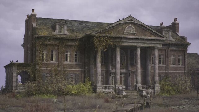 Detailed Lithuanian manor columns and pediment framed by creeping ivy, close midshot highlights stone texture, sculptural elements and weathering patterns