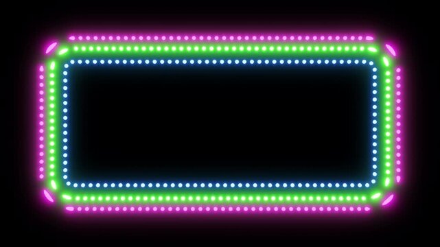 Dotted frames with looping neon glow on black background. Triple multicolored frame 3d render. Design element for presentations, infographics, video overlays, tech intros, modern UI designs, casino