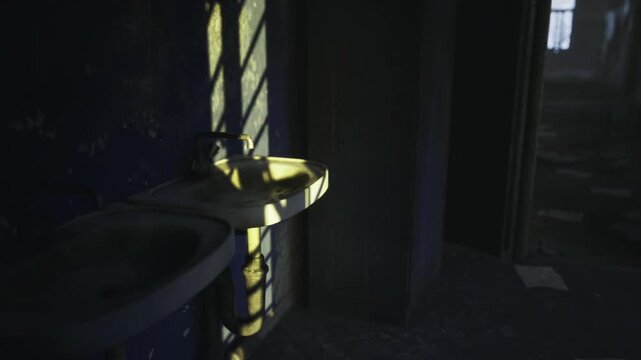 Fading light on school bathroom sinks, chipped enamel, scuffed floors, distant corridor hint, nostalgic yet eerie atmosphere suitable for background textures