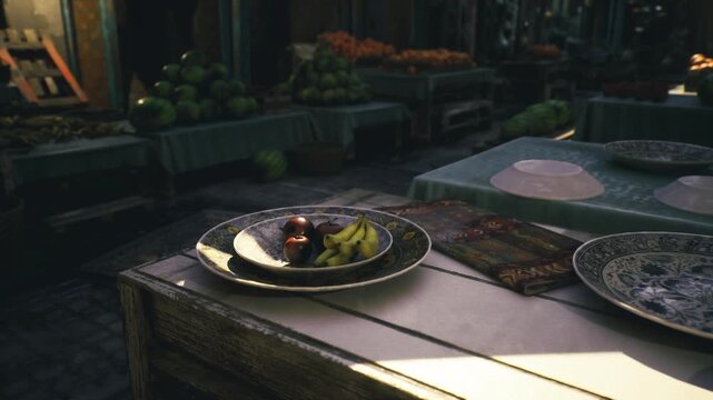 Dimly lit stall table with plates and bowl of fruit, empty aisle and soft shadowed corners, vendor closing routine suggested, calm afterhours souq Waqif mood