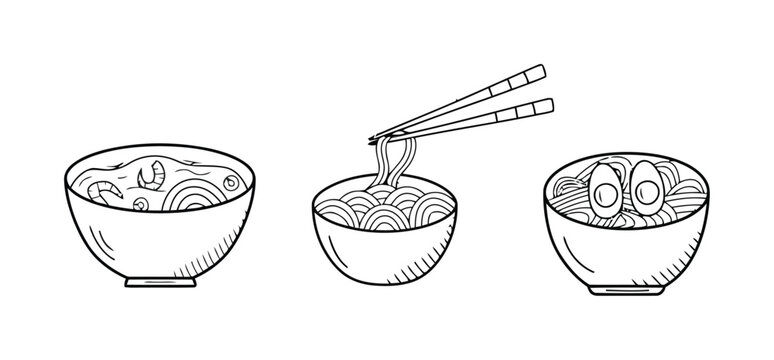 Hand-drawn of three bowls of noodles with chopsticks