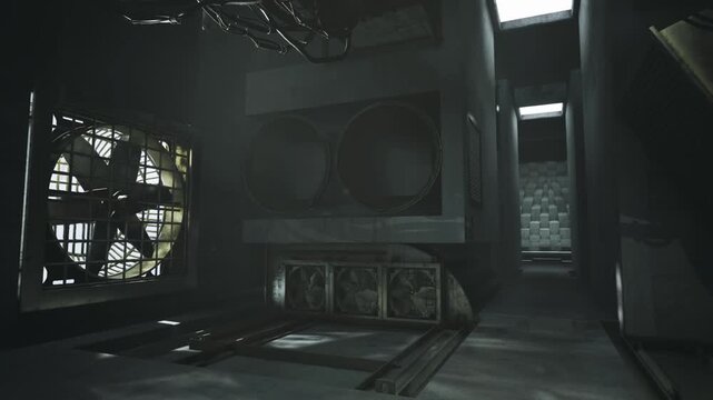 Maintenance shaft illuminated through fan grates, narrow walkway leading to service hatch, ladder and conduit lining walls, dust motes in beam, damp concrete