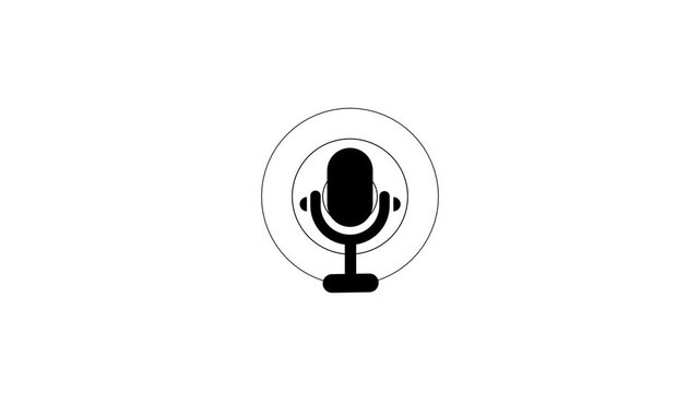 Simple black and white illustration of a vintage microphone within a circle