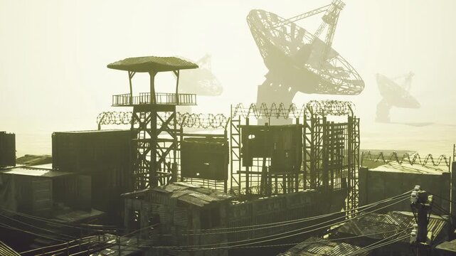 Surveillance tower rising above ruins at dusk, clustered antennas and scaffolding, textured metal surfaces, faint birds in distance, subtle cinematic contrast