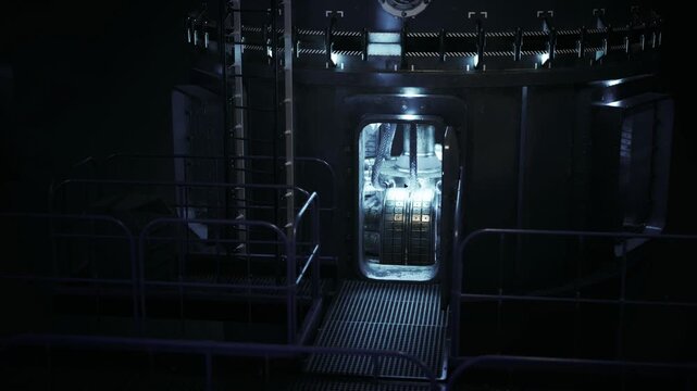 Dark server rack struck by electrical arc, cascading LED indicators and smoke haze, emergency glow from sparks and overheated components, hightension data
