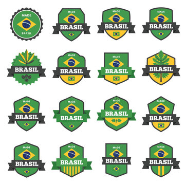 Collection of brazilian flag themed emblems and badges in various shapes and styles