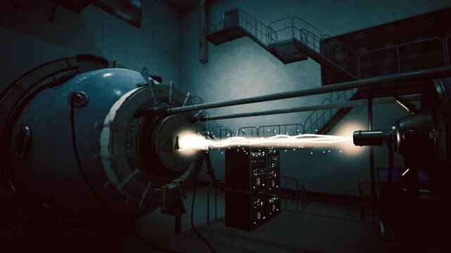 High voltage plasma conduit arcing corridor with bright arc, insulating mounts and heavy cabling, teal and amber color grade, industrial catwalks and tense