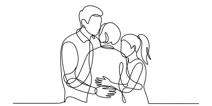 A single continuous line drawing capturing a family sharing a warm and loving embrace together now