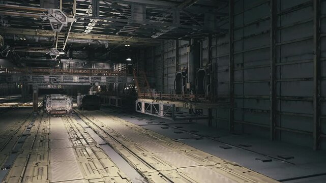 Empty aircraft cargo hold with scaffolding, dim lighting and industrial atmosphere, metal flooring, riveted panels, maintenance platform and distant hangar