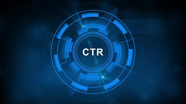 Glowing CTR concept animation with 4k abstract circuit technology background. Business, technology, internet and networking concept, Abstract technology symbols on a blue background.4k
