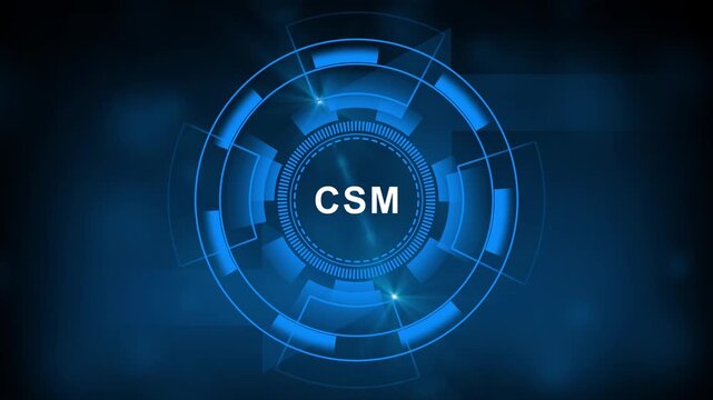 Glowing Futuristic digital hub with CSM acronym at its core surrounded by of business growth security innovation global reach and operational efficiency.4k video