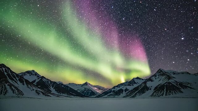 Stunning aurora borealis dancing above majestic snow capped mountains