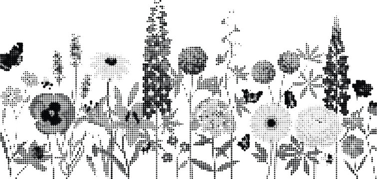 Halftone wild flowers meadow, black and white dot pattern depicting various plants and blooms in a field.