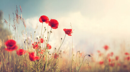 Naklejka premium Red Poppies in Golden Field at Sunrise