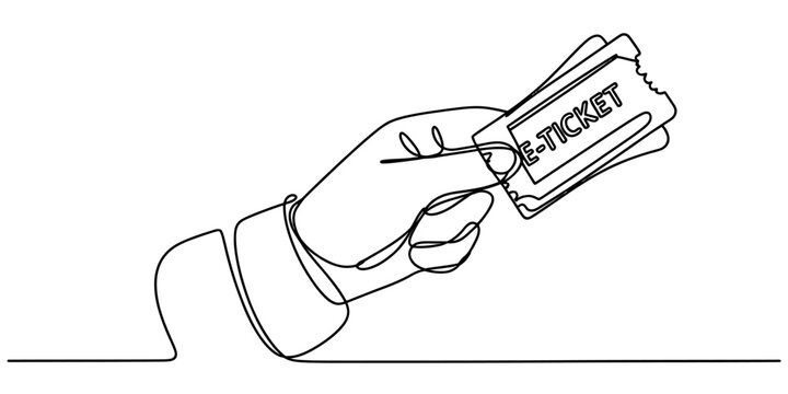 A continuous line drawing of a hand holding an e-ticket for travel or entertainment events today.