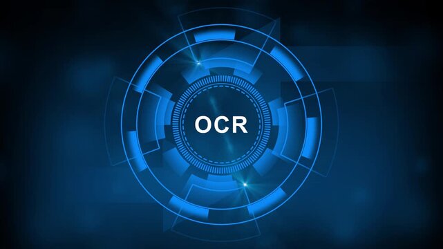Futuristic digital interface displaying OCR acronym in a circular hub with for security collaboration innovation global data and efficiency against a dark blurred background.4k