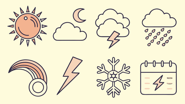 Colorful weather forecast symbols set, sun, cloud, rain, snowflake icons with lightning and rainbow, flat vector illustration for mobile app and web design