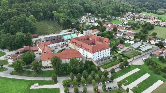 Aerial view Plankstetten with Benedictine Abbey, Plankstetten, Berching, Bavaria, Germany,