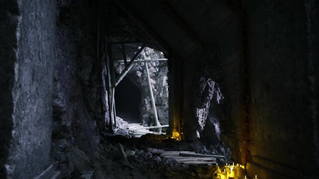 Frozen cavern entrance with glowing lantern, icy timber supports and snowdusted archway leading into dark subterranean passage cold blue ambience, faint ember